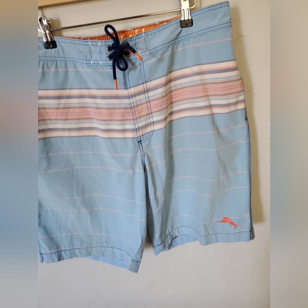 Tommy Bahama Light Blue Striped Swim Shorts with Pastel Accents